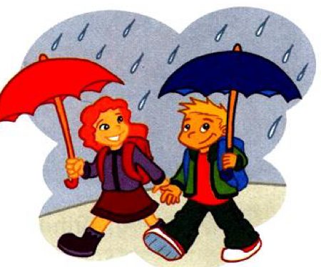 Two children walking in the rain with umbrellas