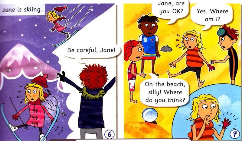 Jane falls while skiing, then wakes up on the beach