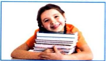 A girl hugging a pile of books