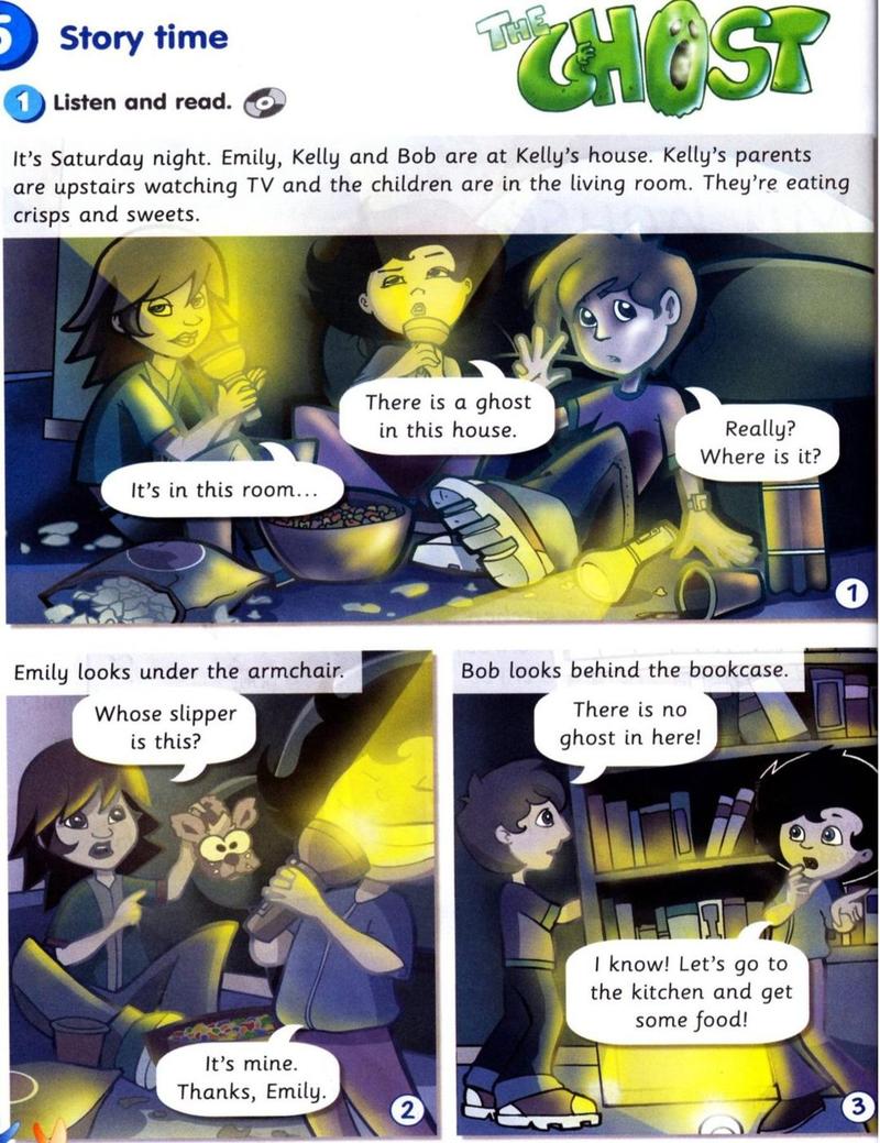 Emily, Kelly and Bob in a dark living room with torches, looking for a ghost under the armchair and behind the bookcase