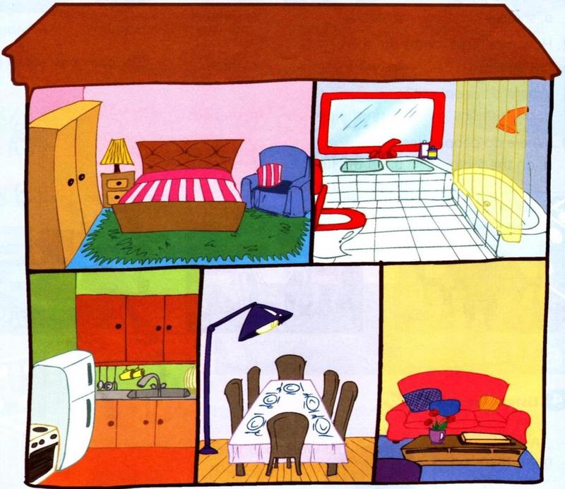 A house with five rooms: a bedroom, a bathroom, a kitchen, a dining room and a living room