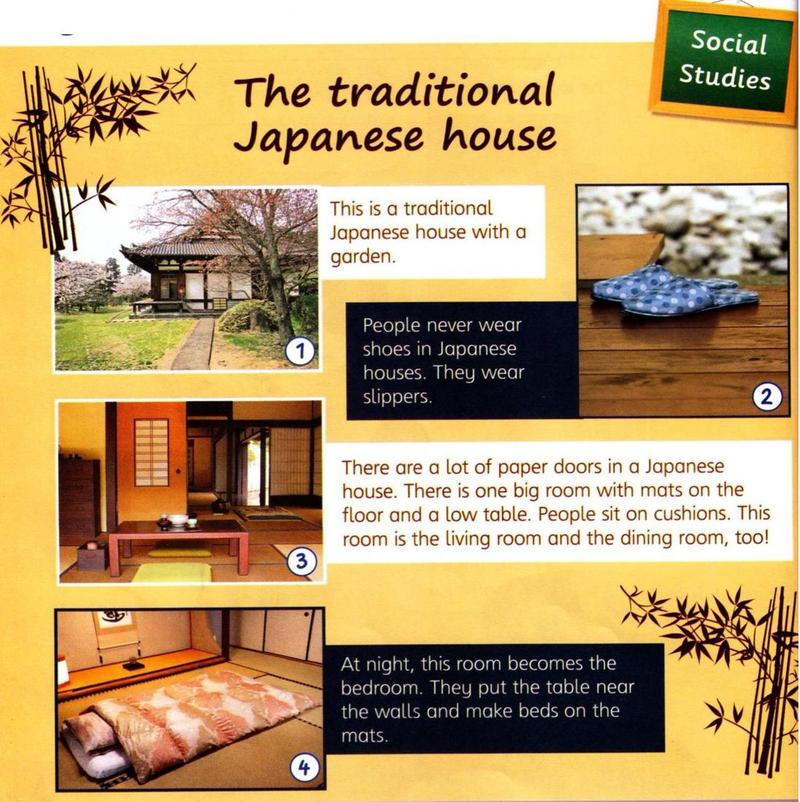 Four photos of a traditional Japanese house: the house and garden, slippers, a big room with a low table, and beds on the mats at night