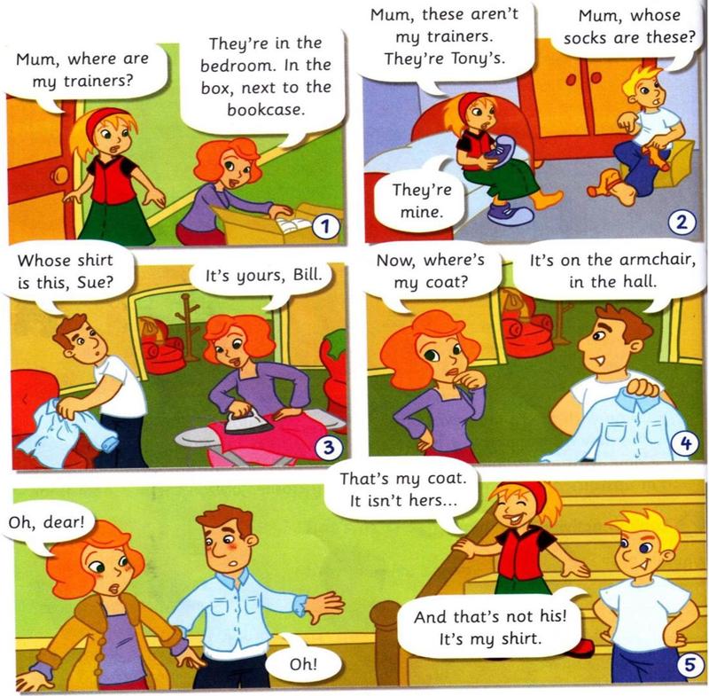 Five comic pictures: Anna, Tony, Mum (Sue) and Dad (Bill) mix up their trainers, socks, shirt and coat