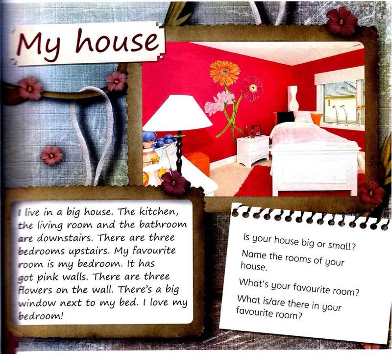 Sue's project: a photo of a bedroom with pink walls and flowers on the wall, a paragraph about her house and four questions
