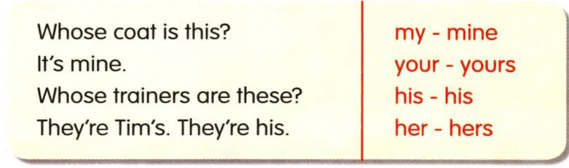 Grammar box: Whose coat is this? It's mine. Whose trainers are these? They're Tim's. They're his. my - mine, your - yours, his - his, her - hers