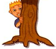 A boy hiding behind a tree