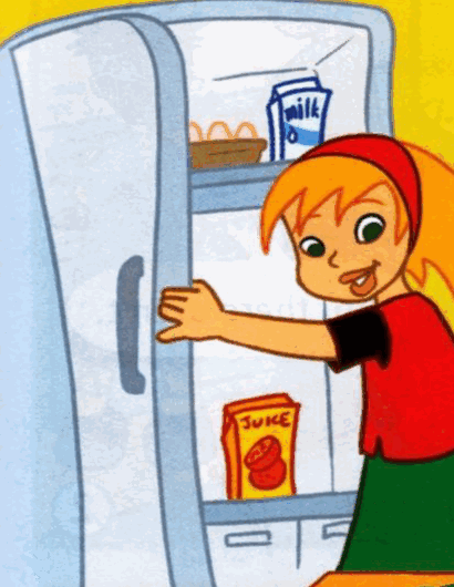 A girl opens a fridge. There is a carton of milk, some eggs and a box of juice inside.