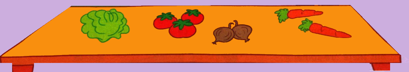 A table with a lettuce, three tomatoes, two onions and two carrots