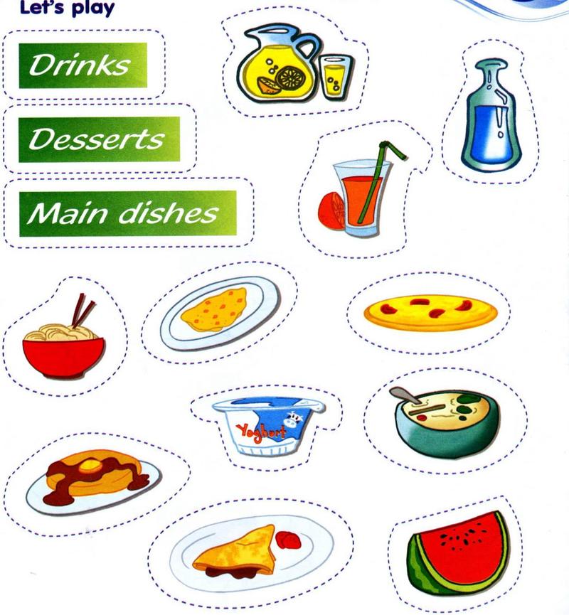 Picture cards: drinks, desserts and main dishes, with lemonade, water, orange juice, noodles, an omelette, pizza, yoghurt, soup, a pancake, a crepe and watermelon