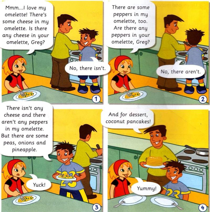 Comic in four pictures: Anna and Greg eat omelettes in the kitchen; Greg's dad brings coconut pancakes
