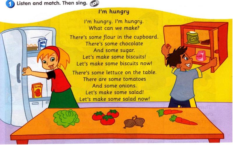 A girl opens the fridge and a boy opens the cupboard. On the table there is lettuce, tomatoes, onions and carrots. The song I'm hungry is in the middle.