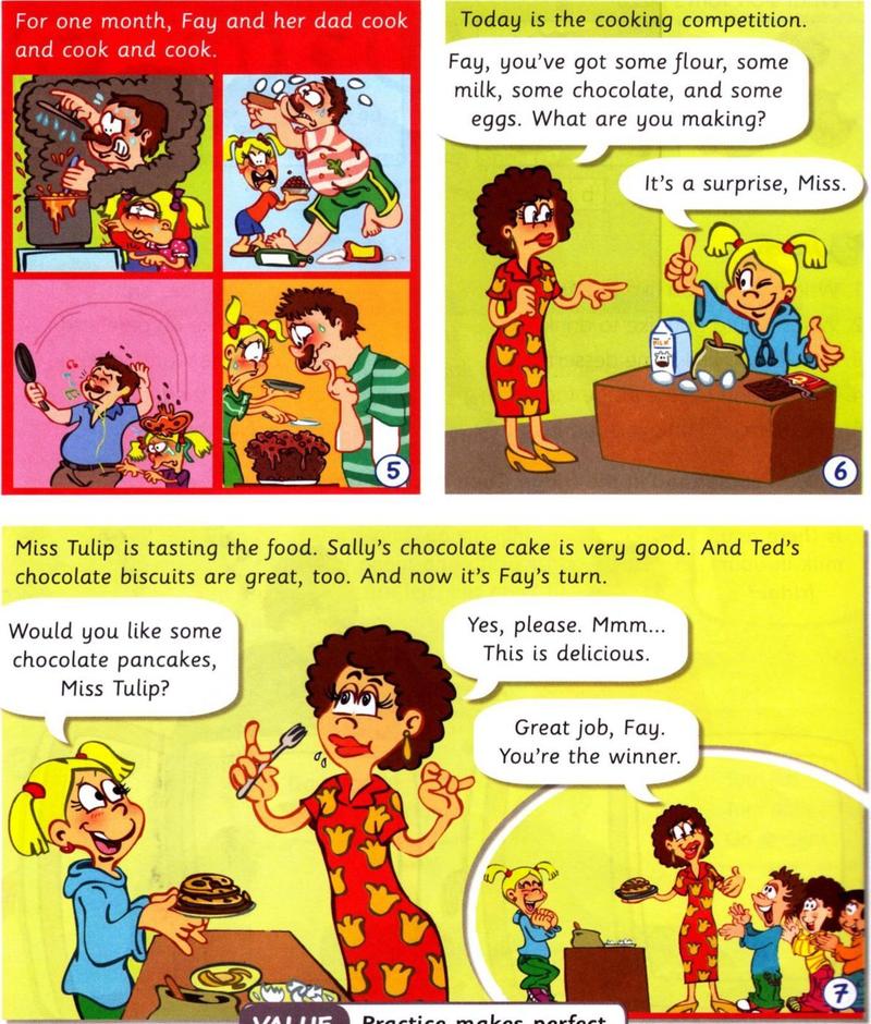 Story pictures 5 to 7: Fay and Dad practise cooking for a month; Fay makes chocolate pancakes and wins