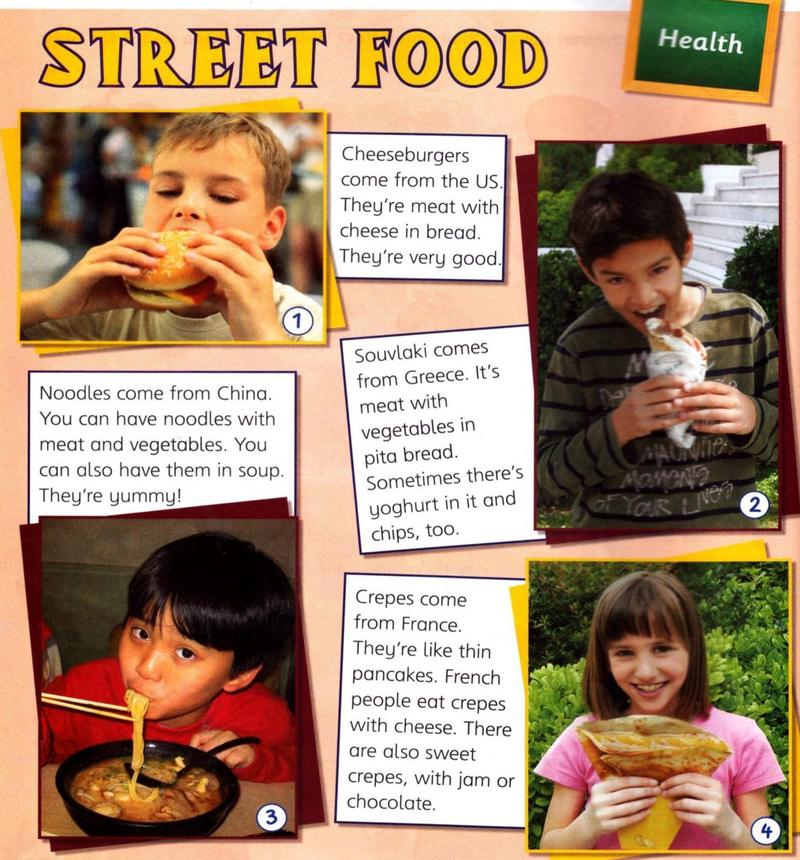 Street food: four children eating a cheeseburger, souvlaki, noodles and a crepe, with short texts