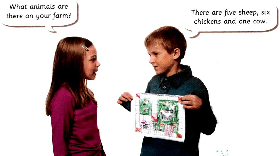 A boy shows a girl a drawing of his farm