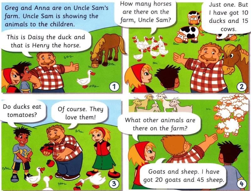 Comic panels 1 to 4: Uncle Sam shows Greg and Anna his duck, horse, cows, goats and sheep
