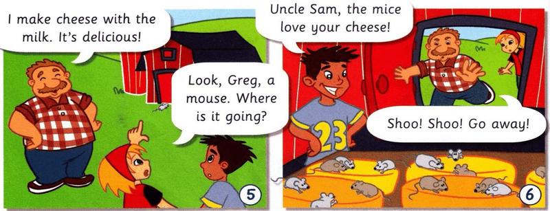 Comic panels 5 and 6: mice eat Uncle Sam's cheese in the barn