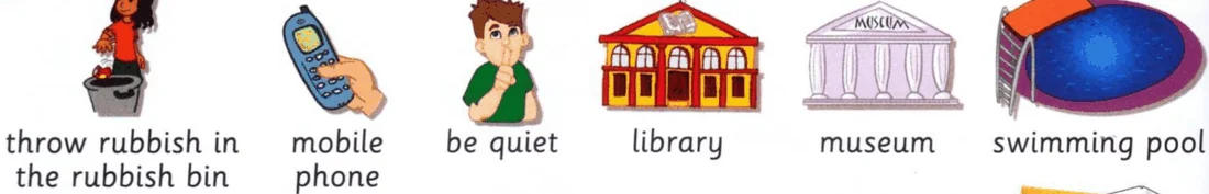 throw rubbish in the rubbish bin, mobile phone, be quiet, library, museum, swimming pool