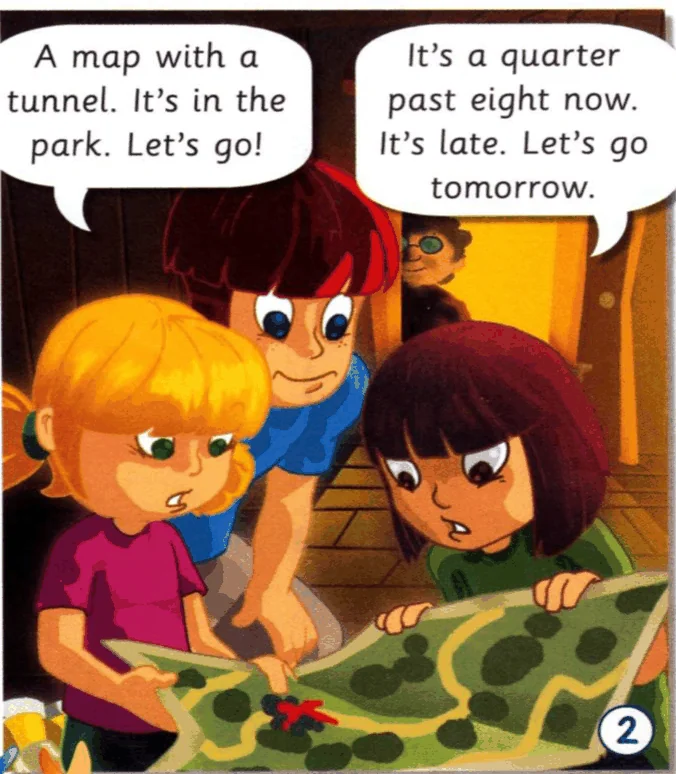 The children look at a map with a tunnel