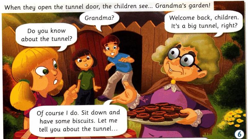 The children come out in Grandma's garden; Grandma holds biscuits