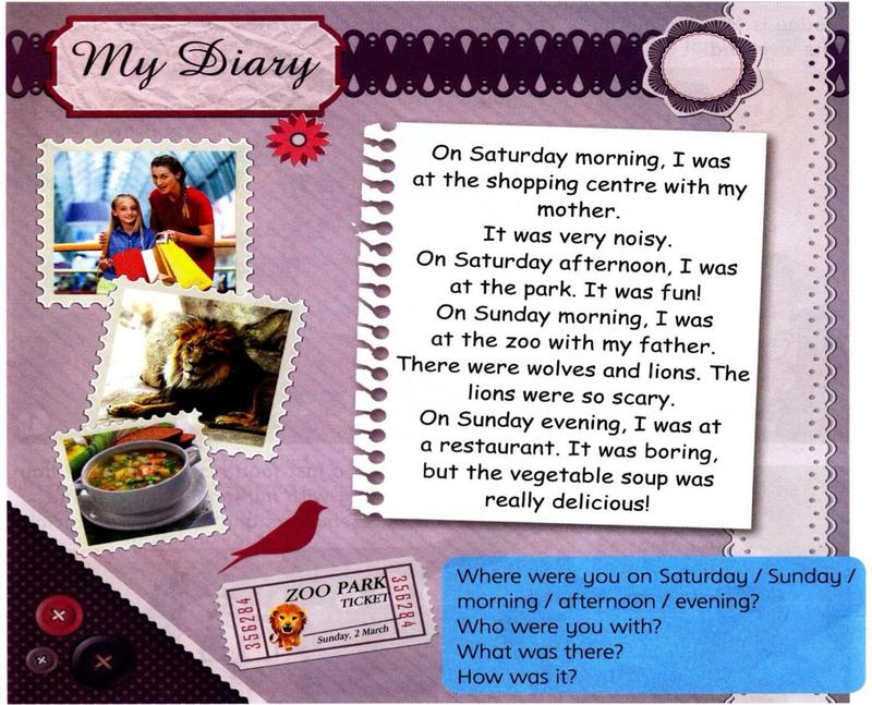 Kelly's diary with photos of a shopping centre, a lion and vegetable soup