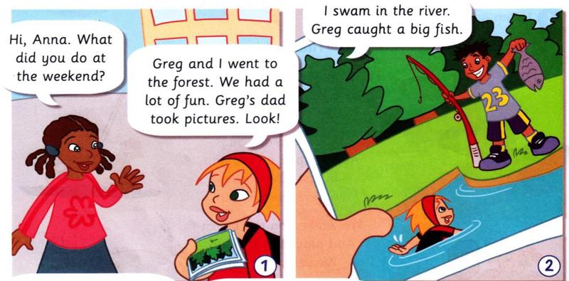 Comic: Anna shows a photo of the forest; Anna swam in the river and Greg caught a fish