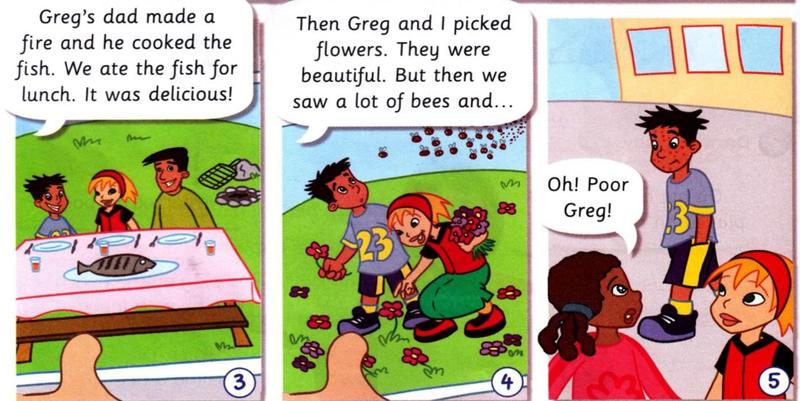 Comic: they ate the fish for lunch, picked flowers, saw bees, and Greg has bee stings