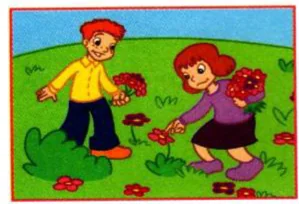 Two children picking flowers