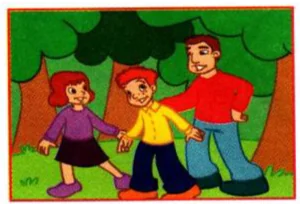 A family walking in the forest