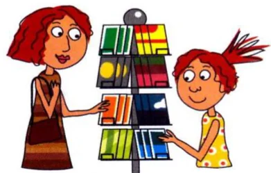 Katie and her mother buying postcards