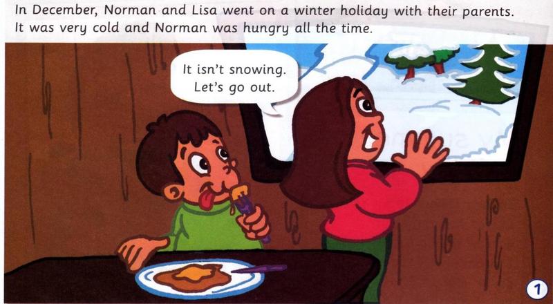 Norman eats breakfast while Lisa looks out at the snow
