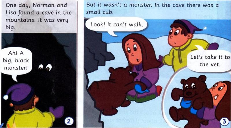 Norman sees eyes in a dark cave; it is a small bear cub that can't walk