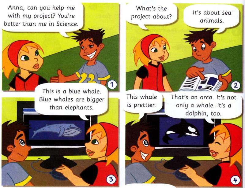 Comic: Greg asks Anna to help with his Science project about sea animals; they look at a blue whale and an orca on the computer