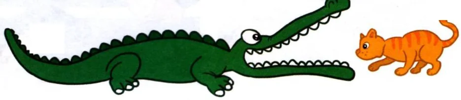 A long green crocodile and a small orange cat