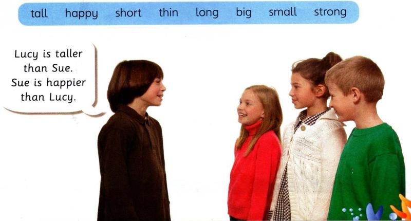 Four children. A boy says: Lucy is taller than Sue. Sue is happier than Lucy. Word box: tall, happy, short, thin, long, big, small, strong