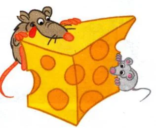 A rat and a small mouse on a big piece of cheese