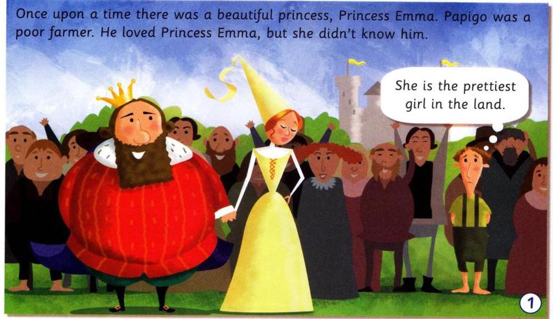 Princess Emma with the King and many people; Papigo thinks she is the prettiest girl in the land