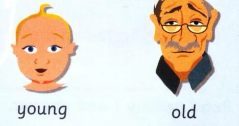 A baby's face for young and an old man's face for old