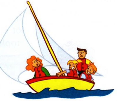 A family in a small sailing boat on the sea