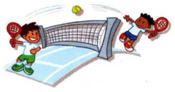 Two boys hitting a ball with rackets over a net on a court
