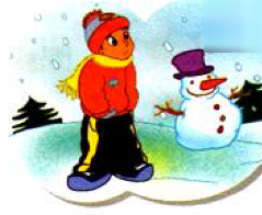A boy in a coat, a hat and a scarf next to a snowman