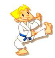 A boy in a white karate suit kicking