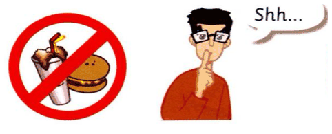 Two rule signs: no food or drink, and a man saying Shh with a finger on his lips
