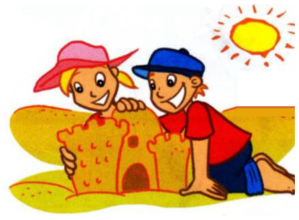 A girl and a boy building a sandcastle on a sunny beach