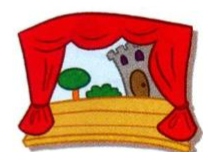 A theatre stage with red curtains