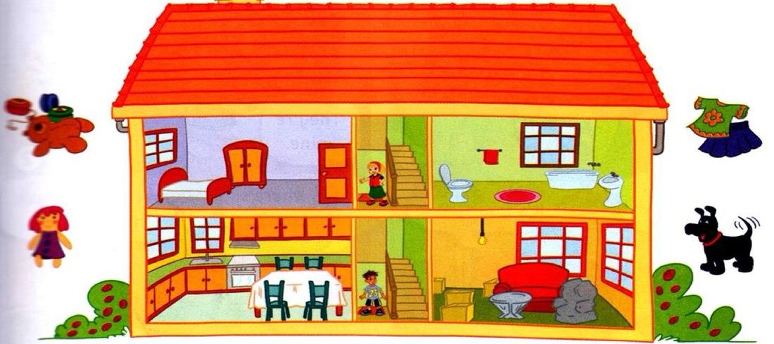 A house cut open. Upstairs: a bedroom, a girl on the stairs and a bathroom with a bath. Downstairs: a kitchen with a table and chairs, a boy at the bottom of the stairs and a living room with a red armchair.