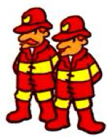 Two people in red helmets and red uniforms
