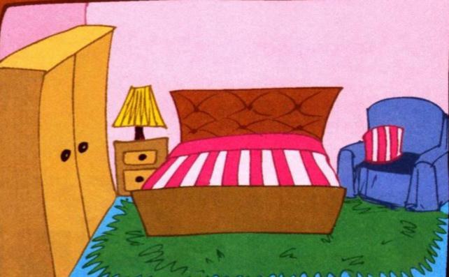 A bedroom with a wardrobe, a bed with a red and white striped cover, a lamp on a small cupboard, a blue armchair and a green mat
