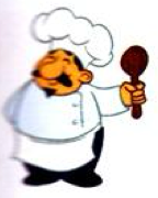 A man in a white chef's hat holding a wooden spoon