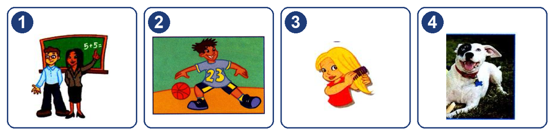 Four pictures. 1: a man with glasses and a woman with long black hair in front of a board with 5 + 5 on it. 2: a boy in a number 23 shirt with a basketball. 3: a girl with long blonde hair combing it. 4: a white dog with a black patch on one eye.