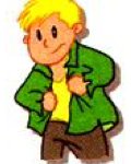 A boy in a green jacket putting on his clothes